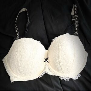 Victoria's Secret Dream Angels White Lace Demi Bra, Black Lace Straps Black Bow